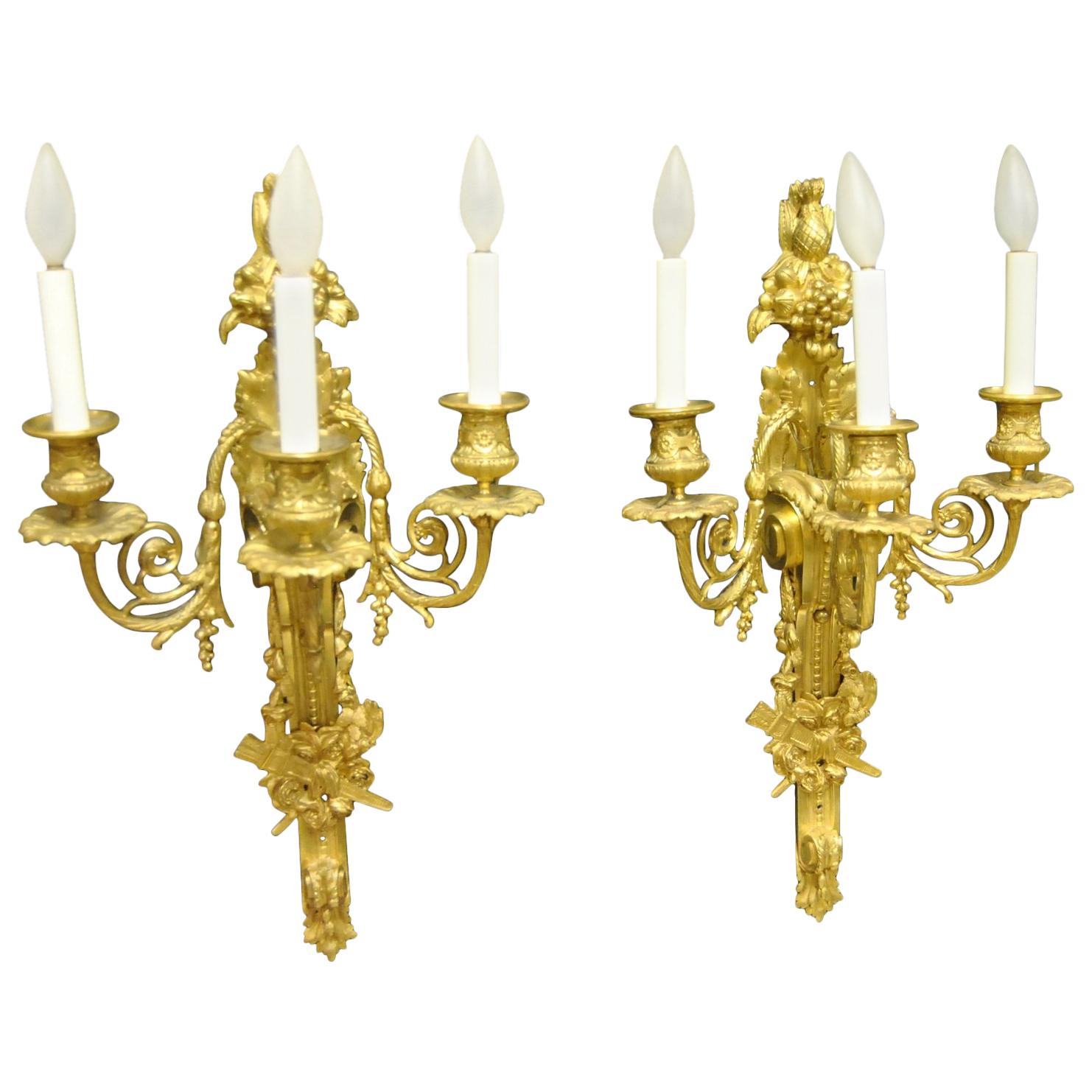 Pair of French Style Bronze Three-Arm Gold Dore Sconces Fruit and Floral Details For Sale