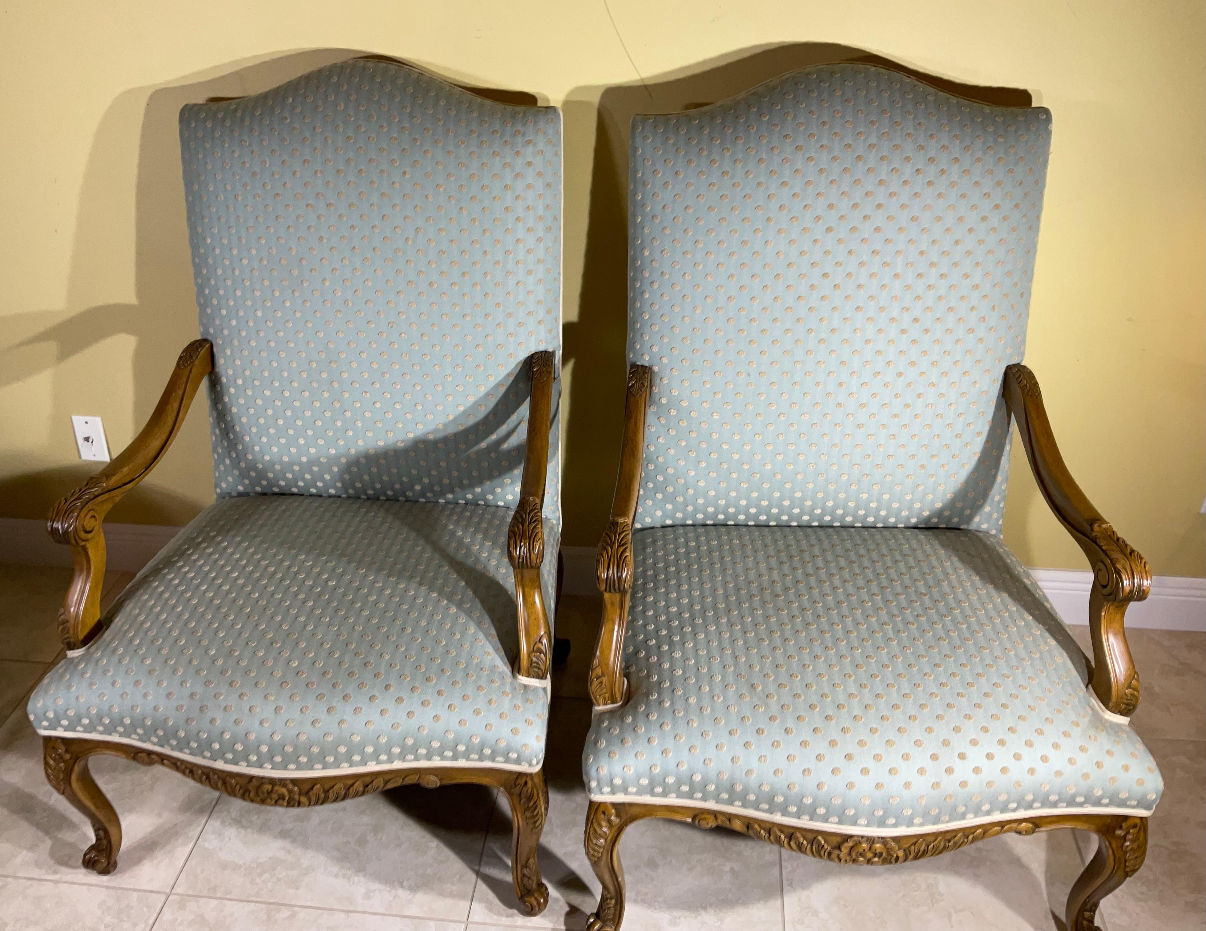 Pair of French Style Carved and Upholstered Armchairs For Sale 6