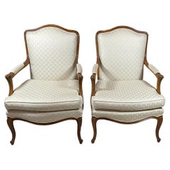 Vintage Pair of French Style Carved and Upholstered Armchairs