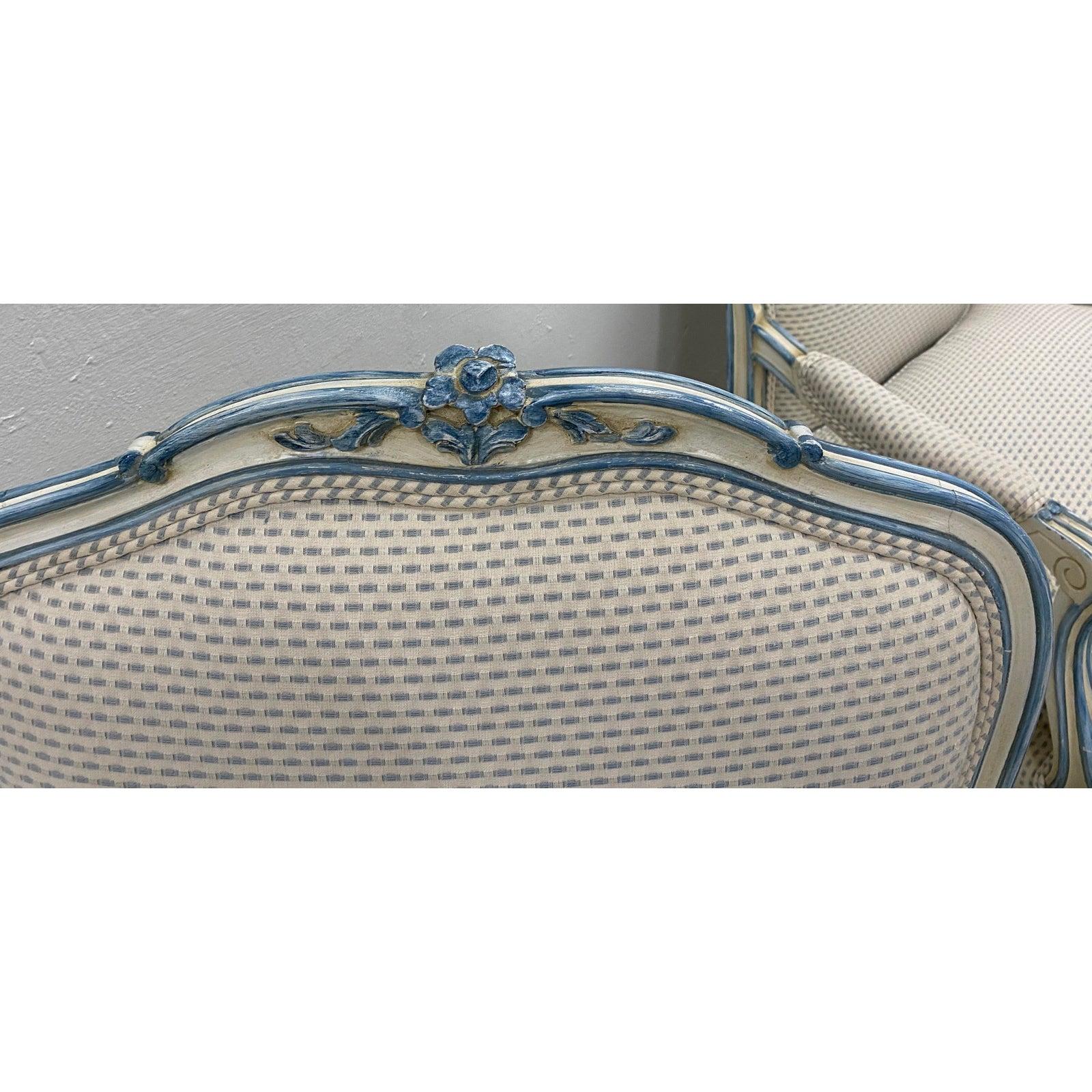 Fabric Pair of French Style Carved and Upholstered Armchairs, circa 1940s