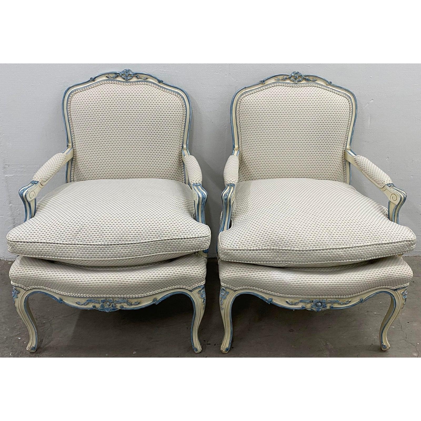 Hand-Carved Pair of French Style Carved and Upholstered Armchairs, circa 1940s