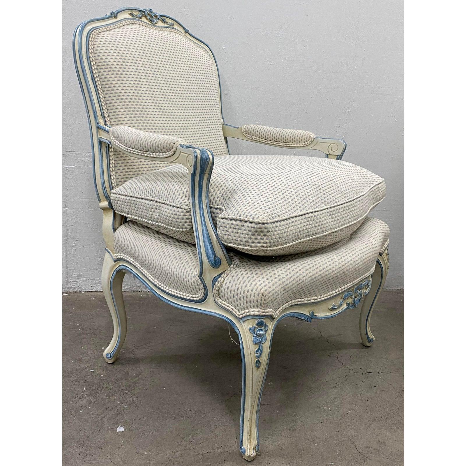 Pair of French Style Carved and Upholstered Armchairs, circa 1940s In Good Condition In San Francisco, CA