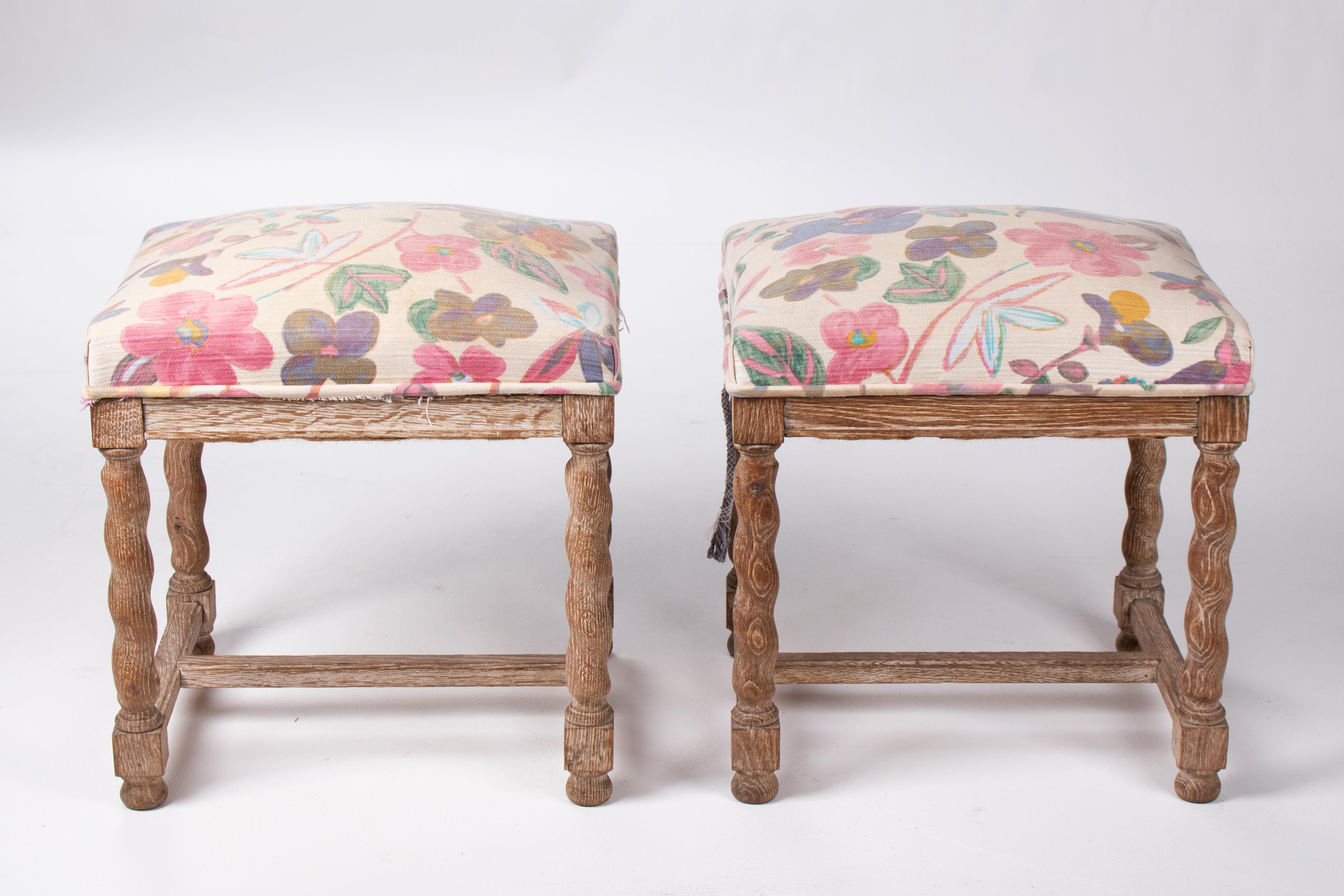 Pair of French style carved wooden upholstered stools in vintage flower pattern.

 