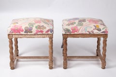 Pair of French Style Carved Wooden Upholstered Stools in Vintage Flower Pattern