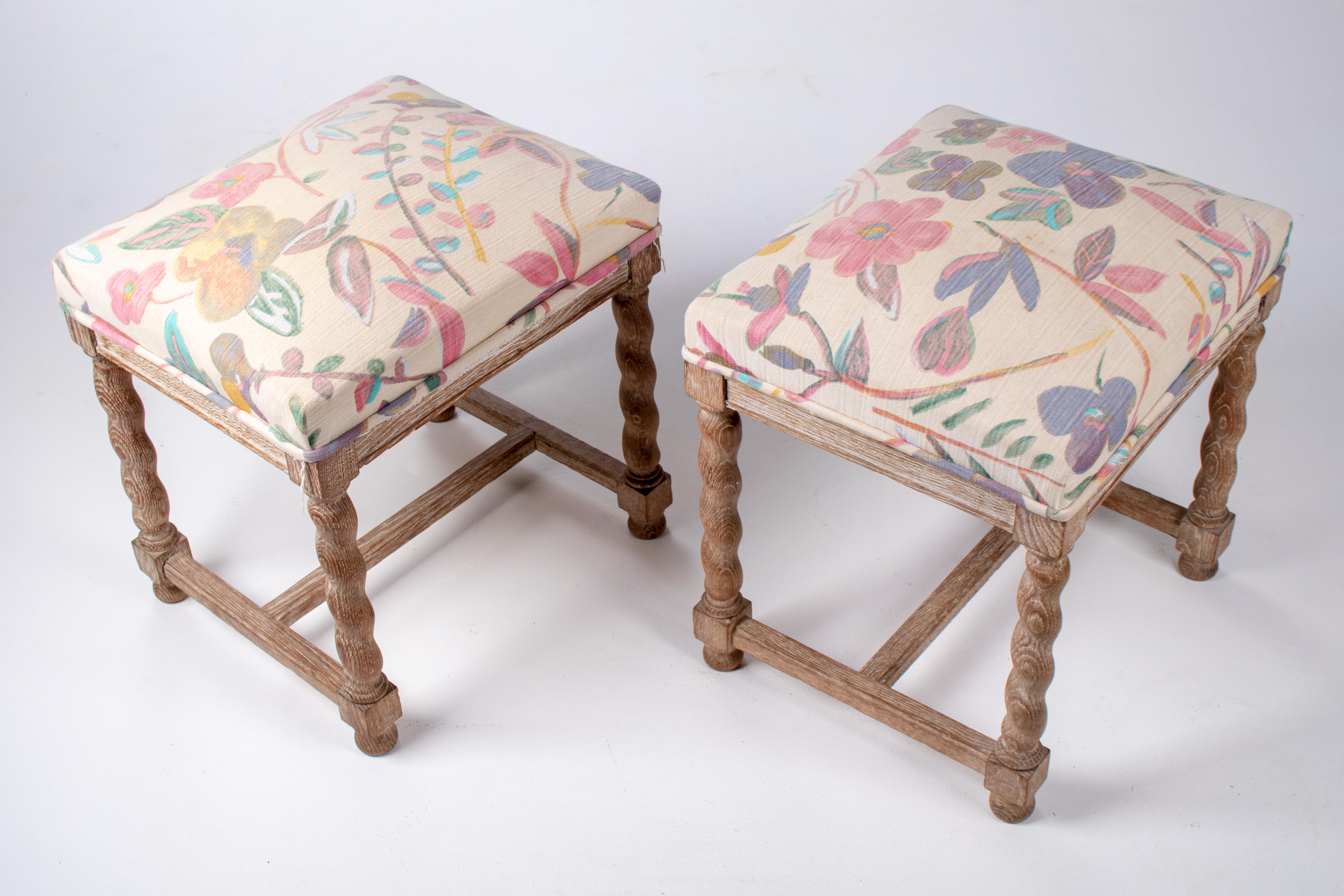 Pair of French Style Carved Wooden Upholstered Stools in Vintage Flower Pattern 1