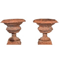 Pair of French Style Cast Iron Urns in Red Patina