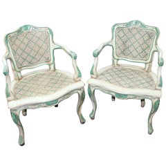 Pair of French Style Double Bergere Chateau Green Armchairs