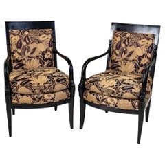 Pair of French Style Ebonized Wood Upholstered Armchairs