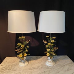 Pair of French Style Hand Painted Table Lamps with Birds and Flowers