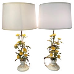  Pair of French Style Hand Painted Table Lamps with Birds and Flowers 