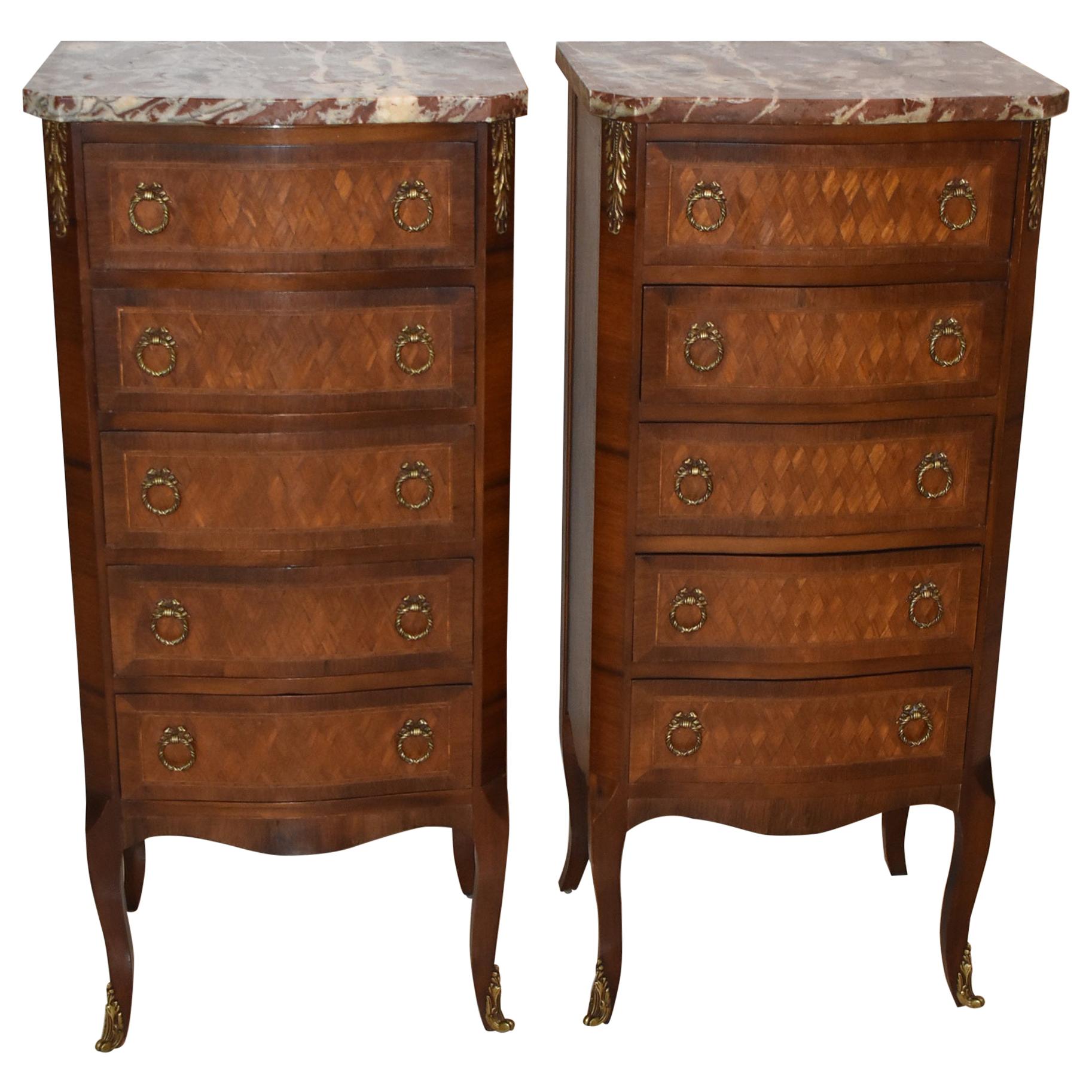 Pair of French Style Lingerie Five-Drawer Walnut Chests with Marble Tops