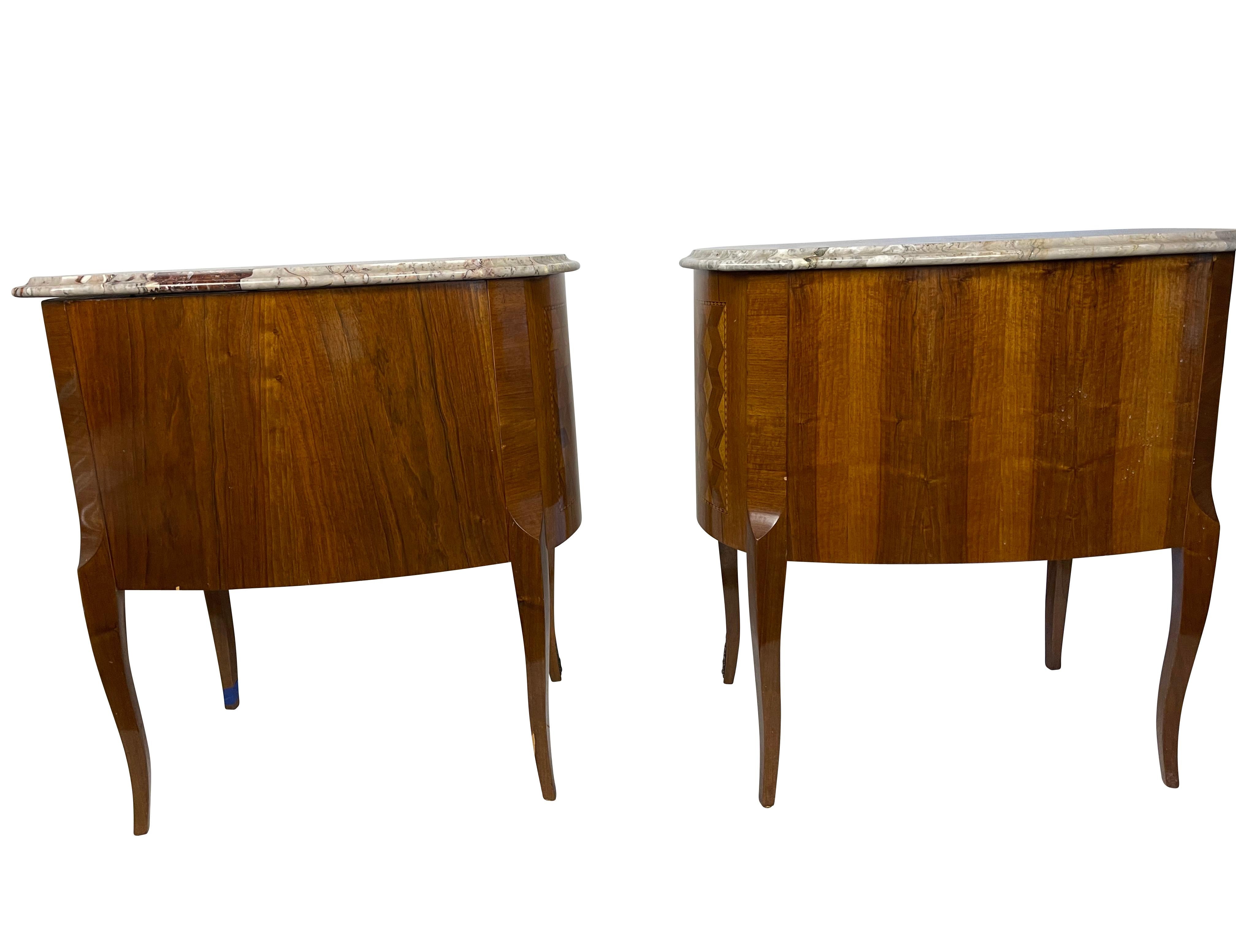 Pair of French Style Louis XV Marquetry Bedroom Side Tables with Marble Tops 9