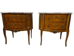 Pair of French Style Louis XV Marquetry Bedroom Side Tables with Marble Tops