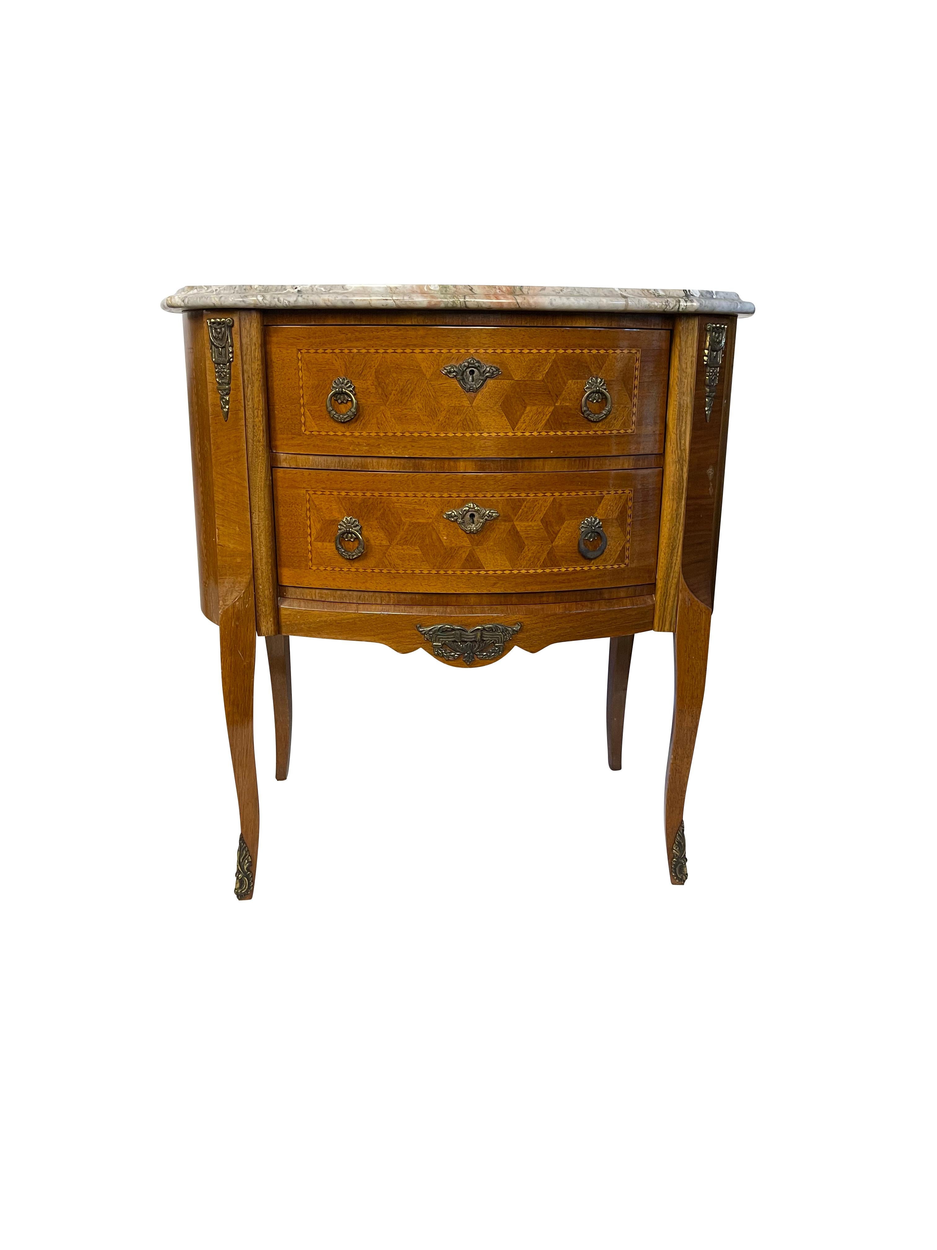 Czech Pair of French Style Louis XV Marquetry Bedroom Side Tables with Marble Tops