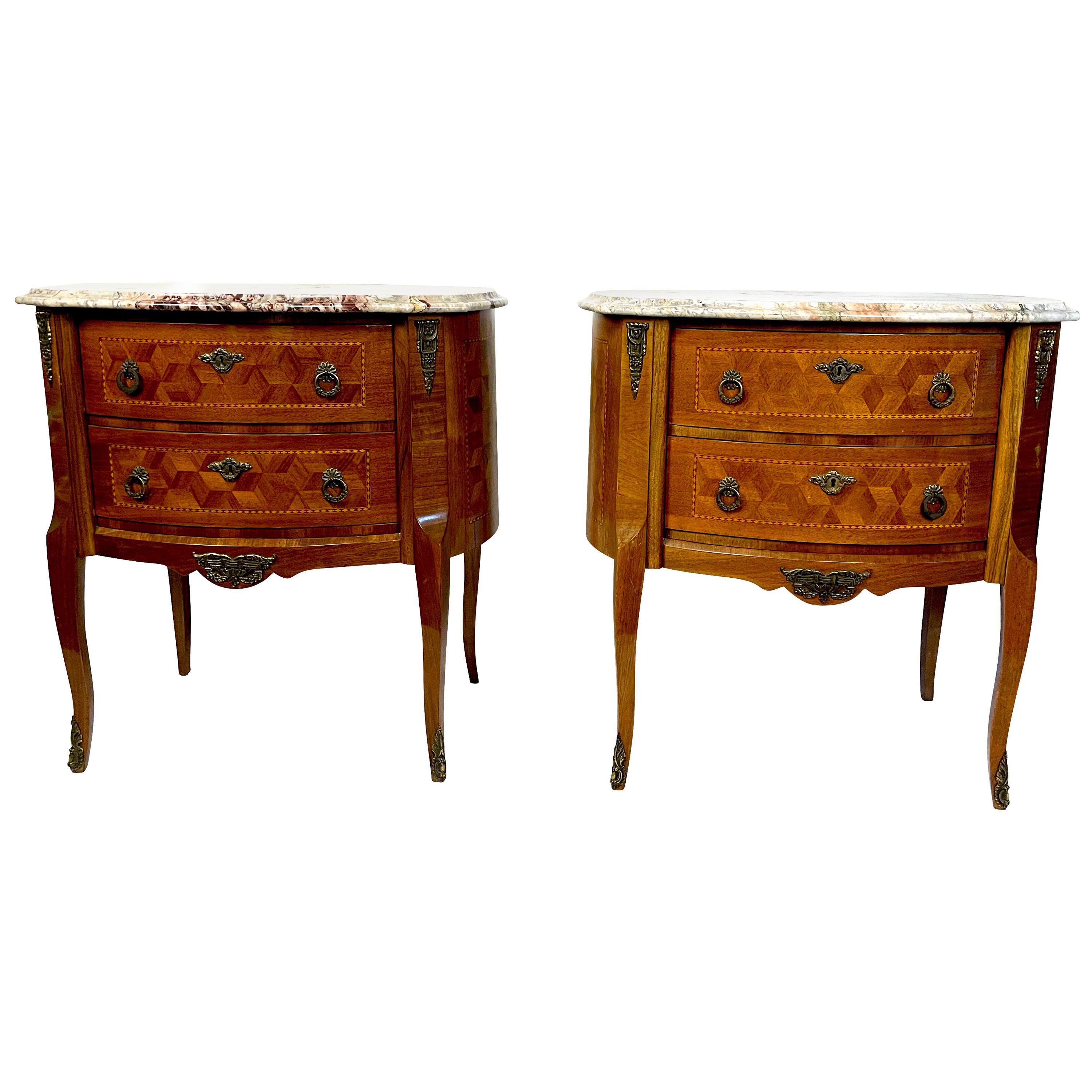 Pair of French Style Louis XV Marquetry Bedroom Side Tables with Marble Tops
