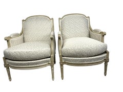 Pair of French Style Louis XVI Bergere Chairs with Beige Animal Print Fabric
