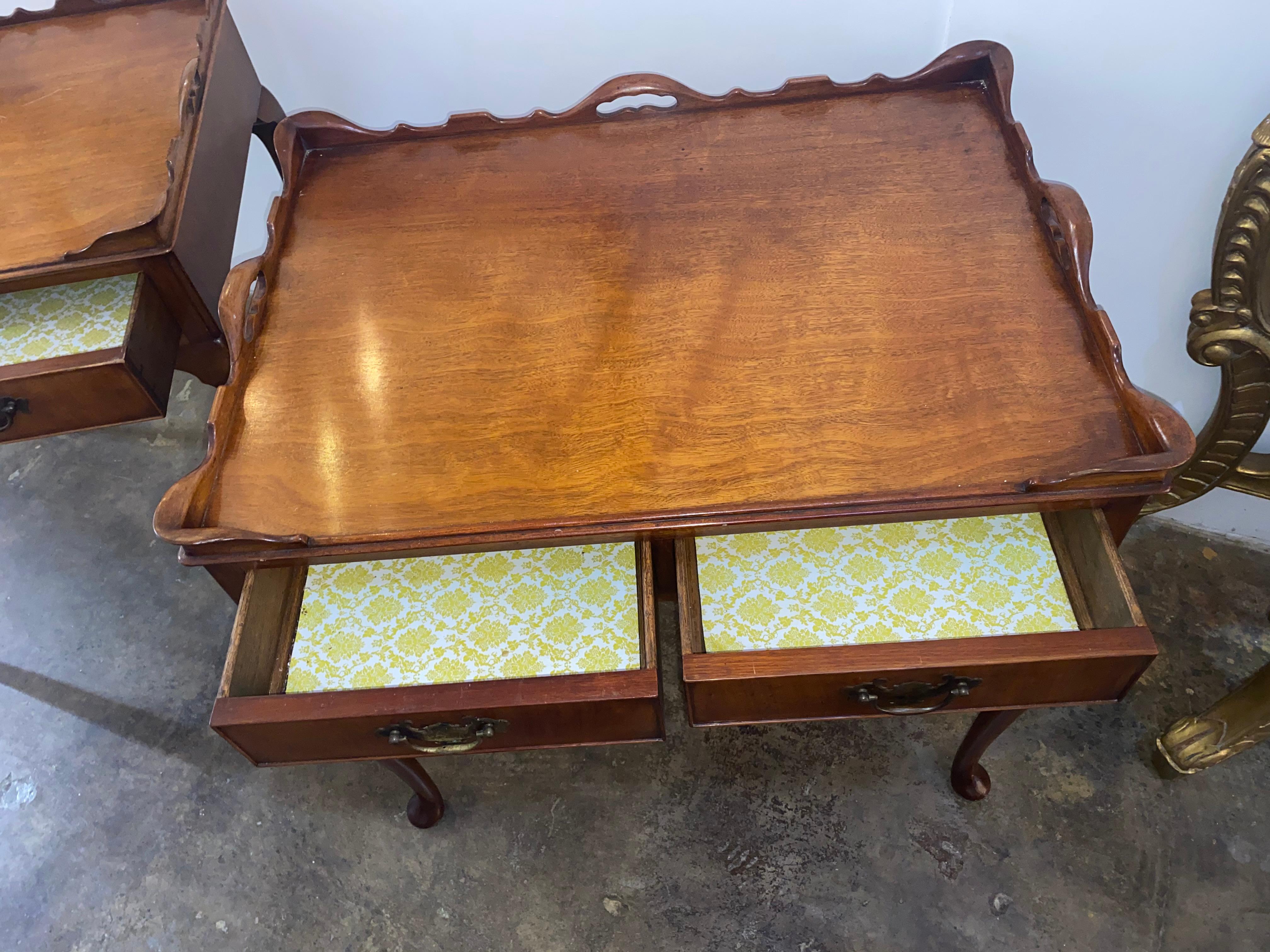 Pair of French style mahogany tea tables, with two drawers ea.