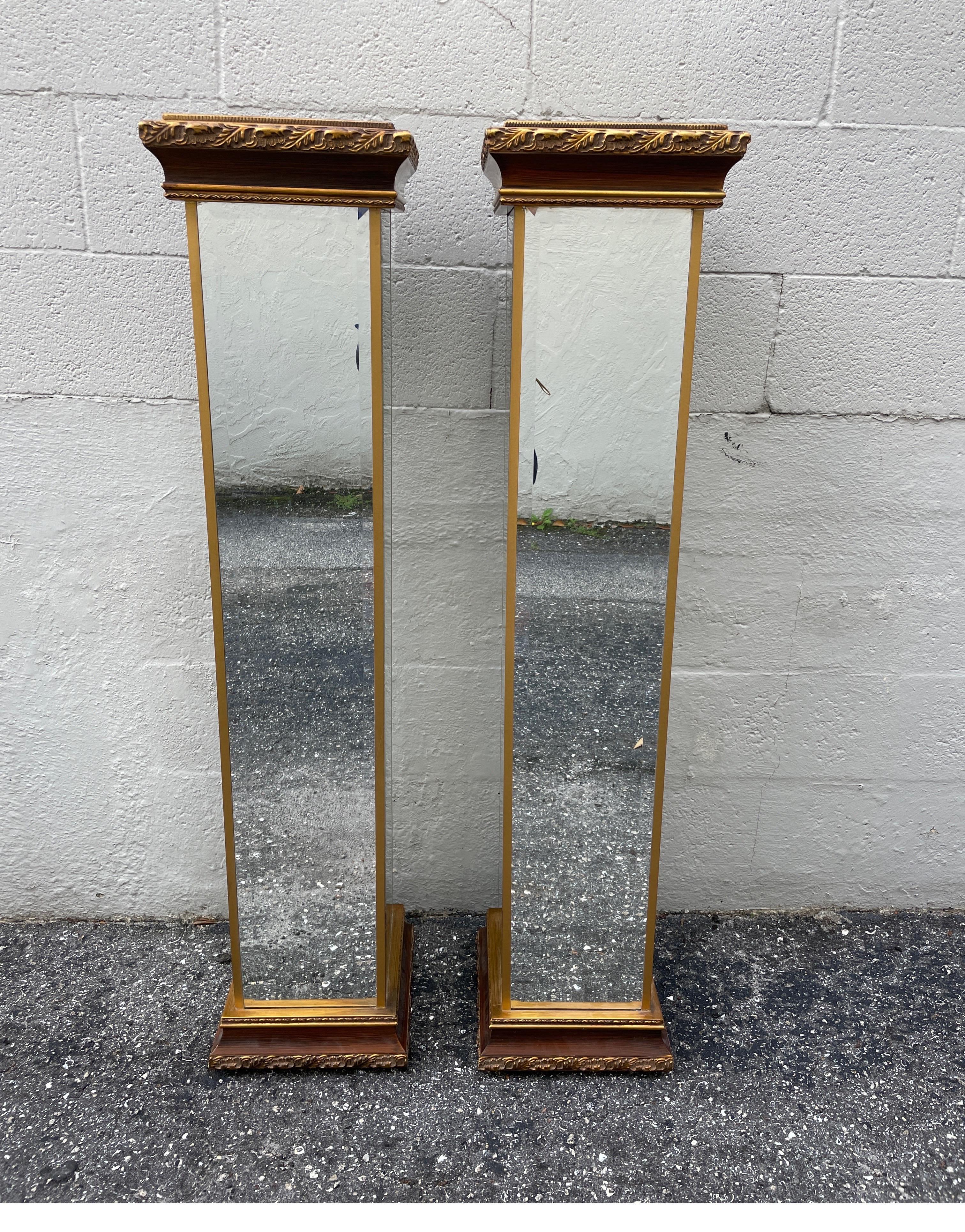 Classic pair of giltwood & beveled mirror French style pedestals.