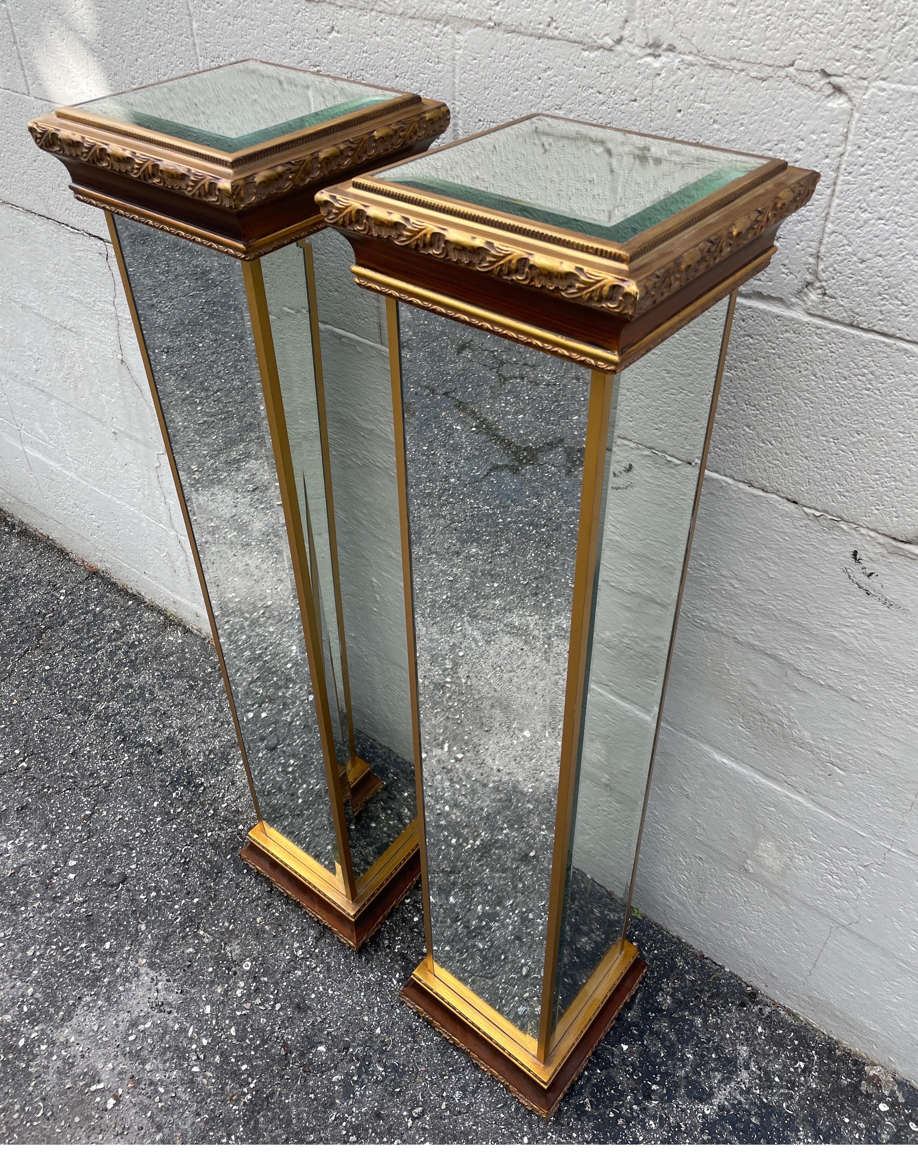 Pair of French Style Mirrored & Gilded Pedestals In Good Condition For Sale In West Palm Beach, FL