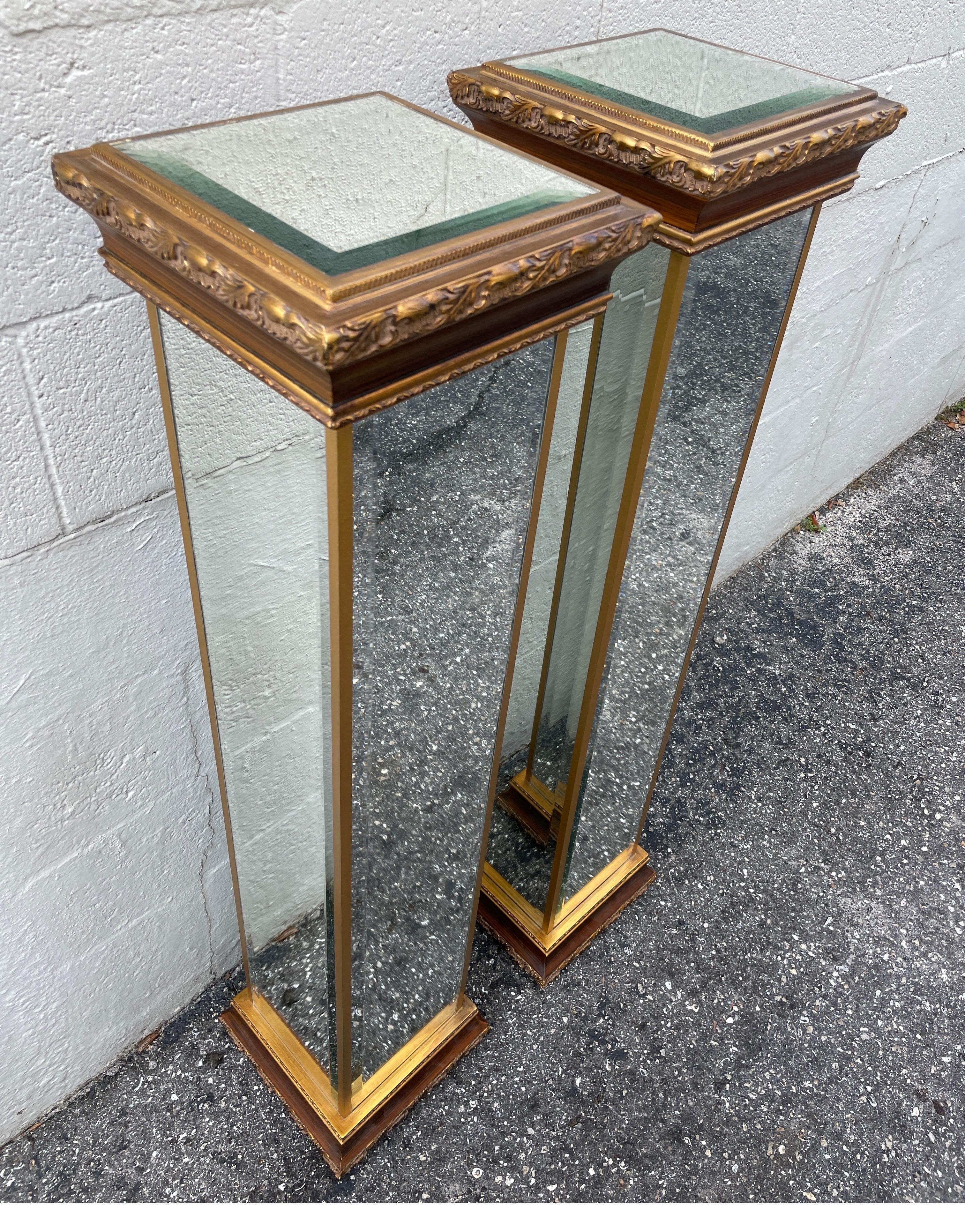 20th Century Pair of French Style Mirrored & Gilded Pedestals For Sale