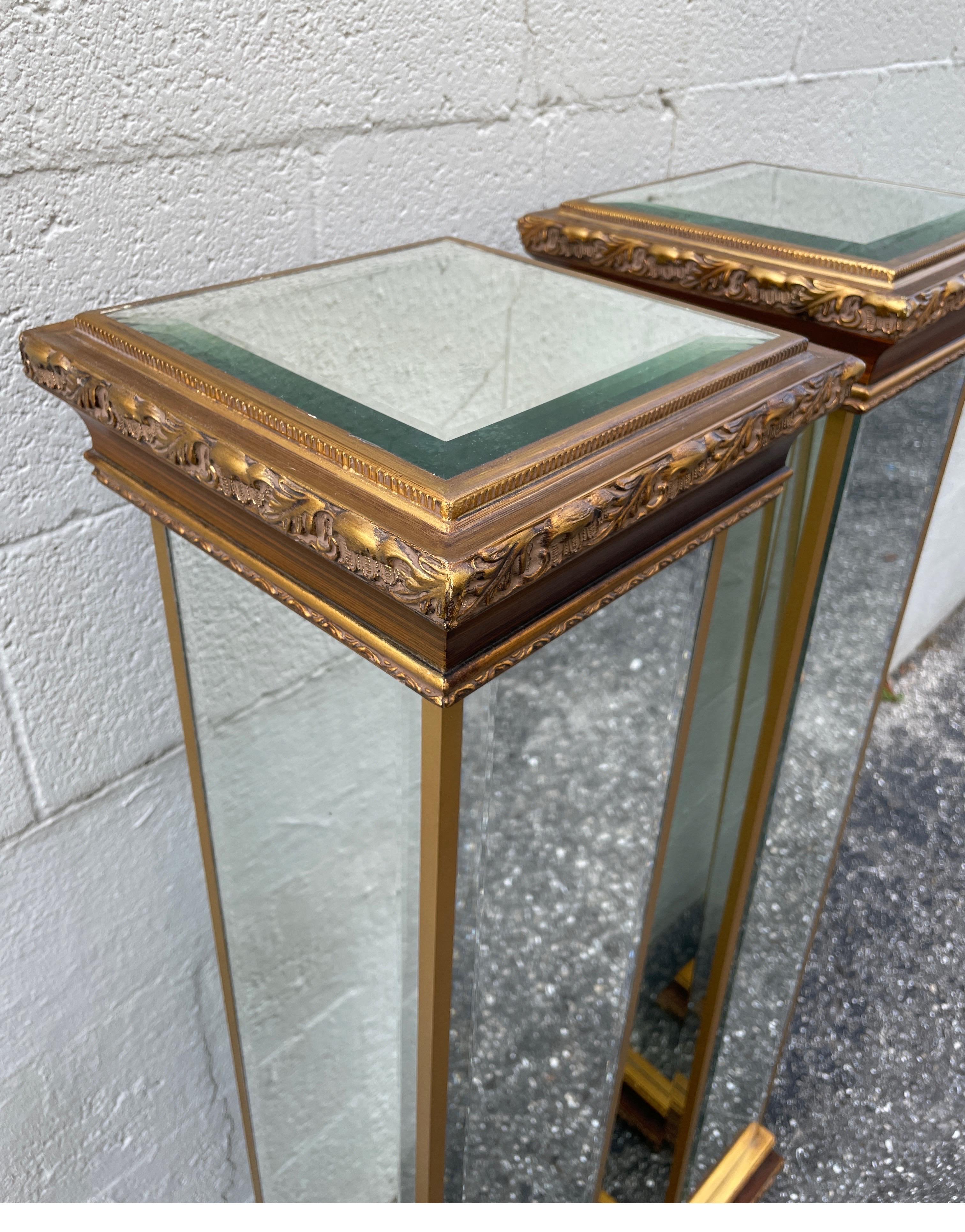 Pair of French Style Mirrored & Gilded Pedestals For Sale 1