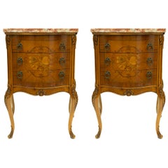Pair of French Style Night Stands or Commode with Marble Top and Inlay Wood Pair of French Style Night Stands or Commode with Marble Top and Inlay Wood
