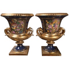 Pair of French Style Painted and Gilded Porcelain Classical Urns