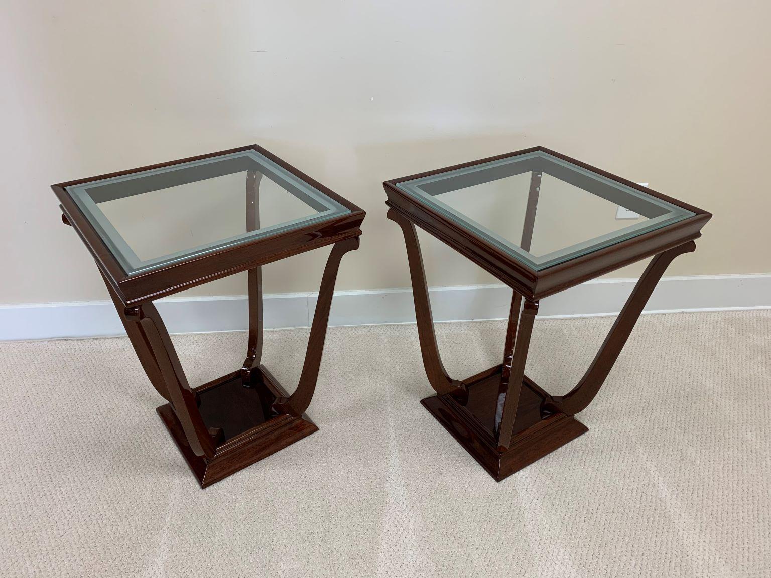 20th Century Pair of French Style Streamline Art Deco Glass Top Side Tables For Sale