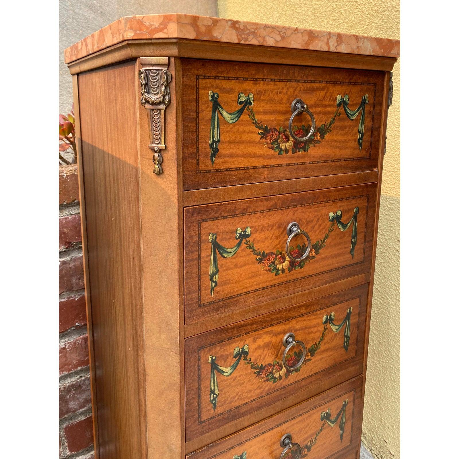 Pair of French style walnut and marble chest of drawers by Johnson Handley Johnson, circa 1927

Gorgeous pair of handcrafted and hand painted chest of drawers.

Tall and graceful. Dovetail construction. Marble tops. Hand painted floral