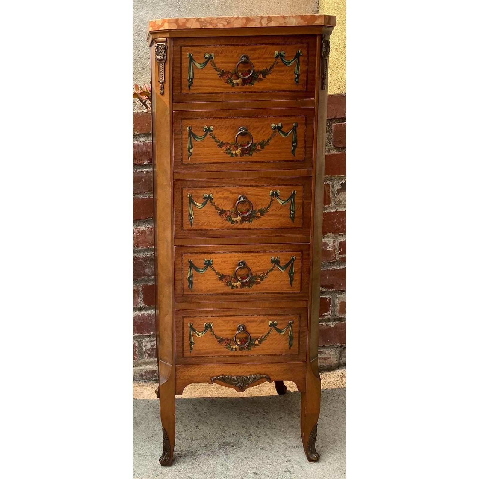Hand-Crafted Pair of French Style Walnut and Marble Chest of Drawers, circa 1927