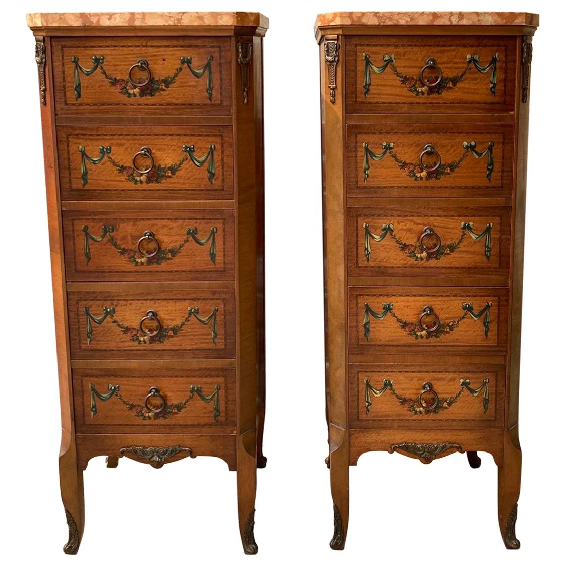 Pair of French Style Walnut and Marble Chest of Drawers, circa 1927