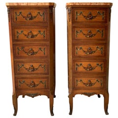 Pair of French Style Walnut and Marble Chest of Drawers, circa 1927