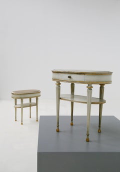 Pair of French Style White Bedside Tables in Wood and Orange Gilt Glass, 1940s