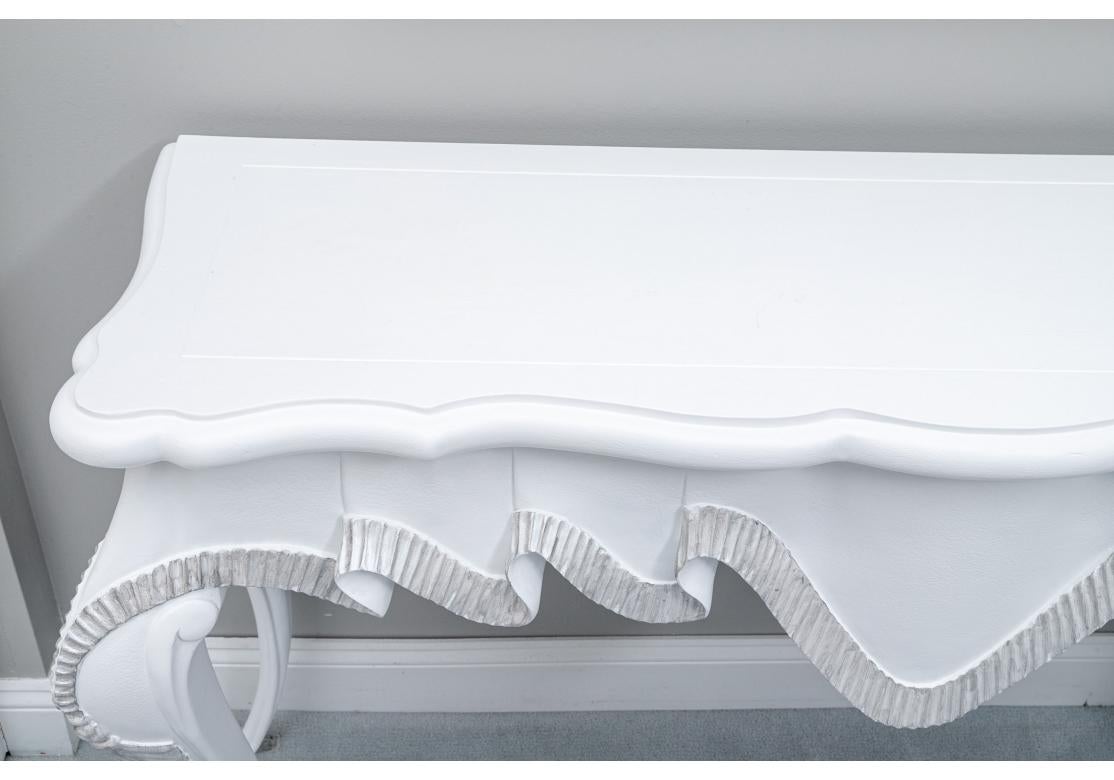 Hollywood Regency Pair of French Style White Paint Decorated Trompe L'oeil Draped Console Tables