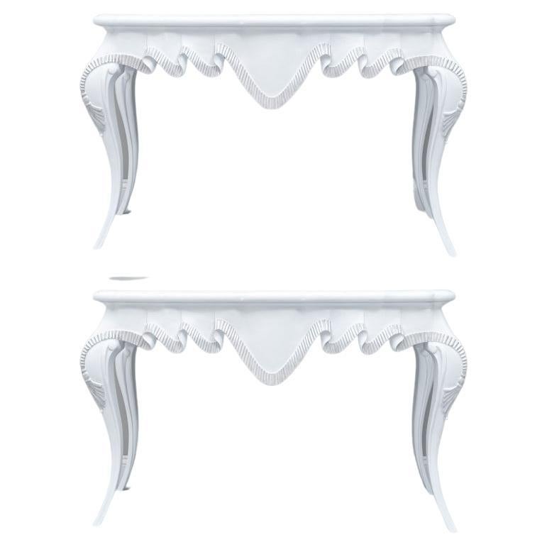 Pair of French Style White Paint Decorated Trompe L'oeil Draped Console Tables