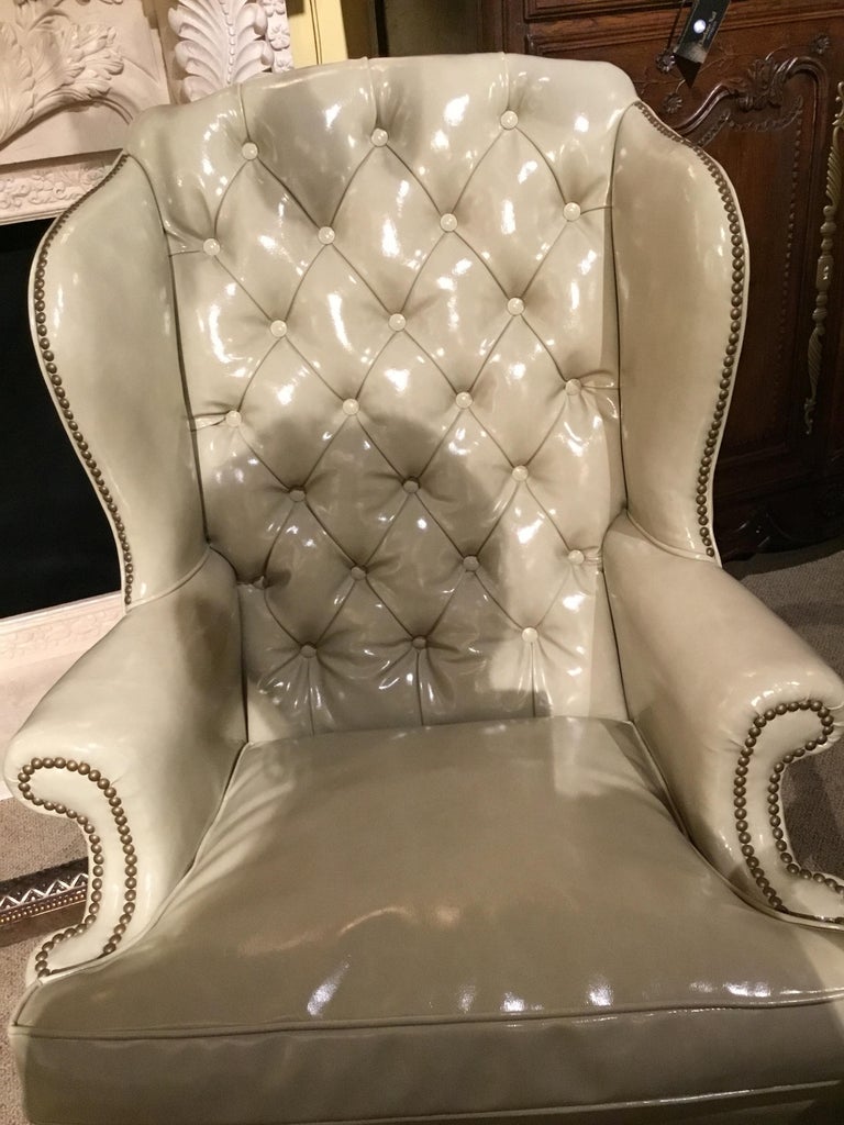 Pair of French Style Wing Backs with Domed and Tufted Back For Sale 1