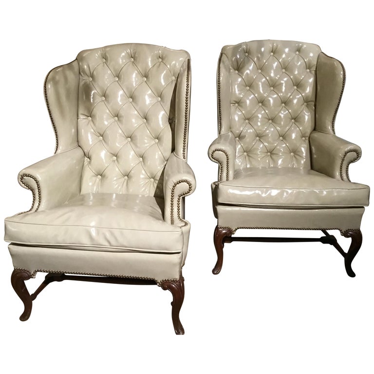 Pair of French Style Wing Backs with Domed and Tufted Back For Sale