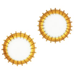 Pair of French Sunburst Light Fixtures with Nail Accents, Milk Glass, Gilt Iron