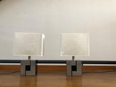 Pair of French Table Lamps with Black and Silver Geometric Base and White Shade