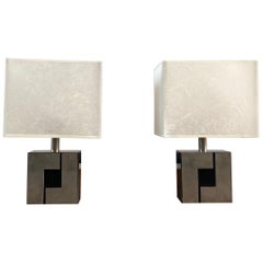 Pair of French Table Lamps with Black and Silver Geometric Base and White Shade