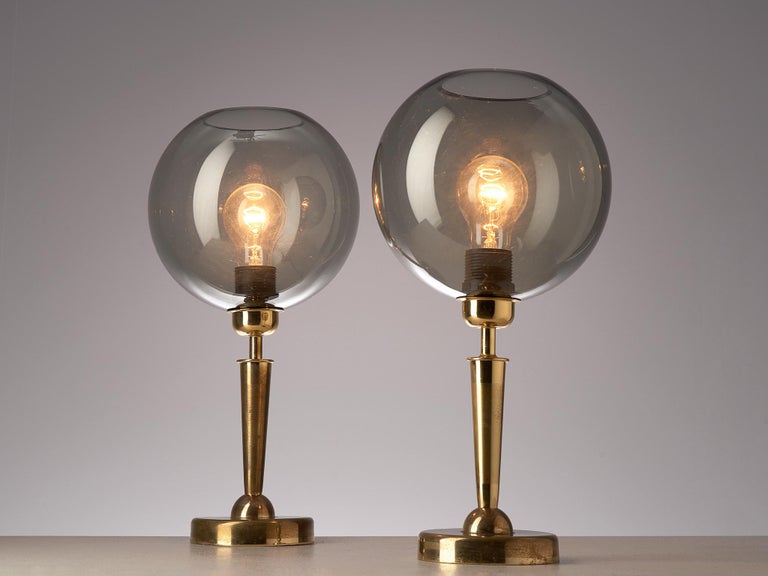 Mid-Century Modern French Table Lamps in Brass and Smoked Glass For Sale