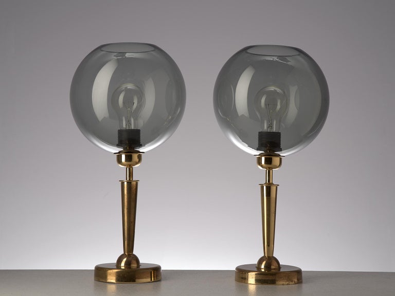 French Table Lamps in Brass and Smoked Glass In Good Condition For Sale In Waalwijk, NL