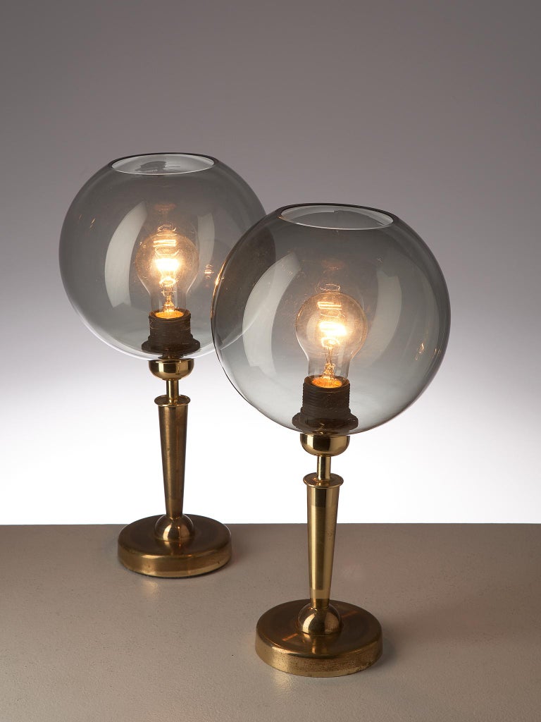 Late 20th Century French Table Lamps in Brass and Smoked Glass For Sale