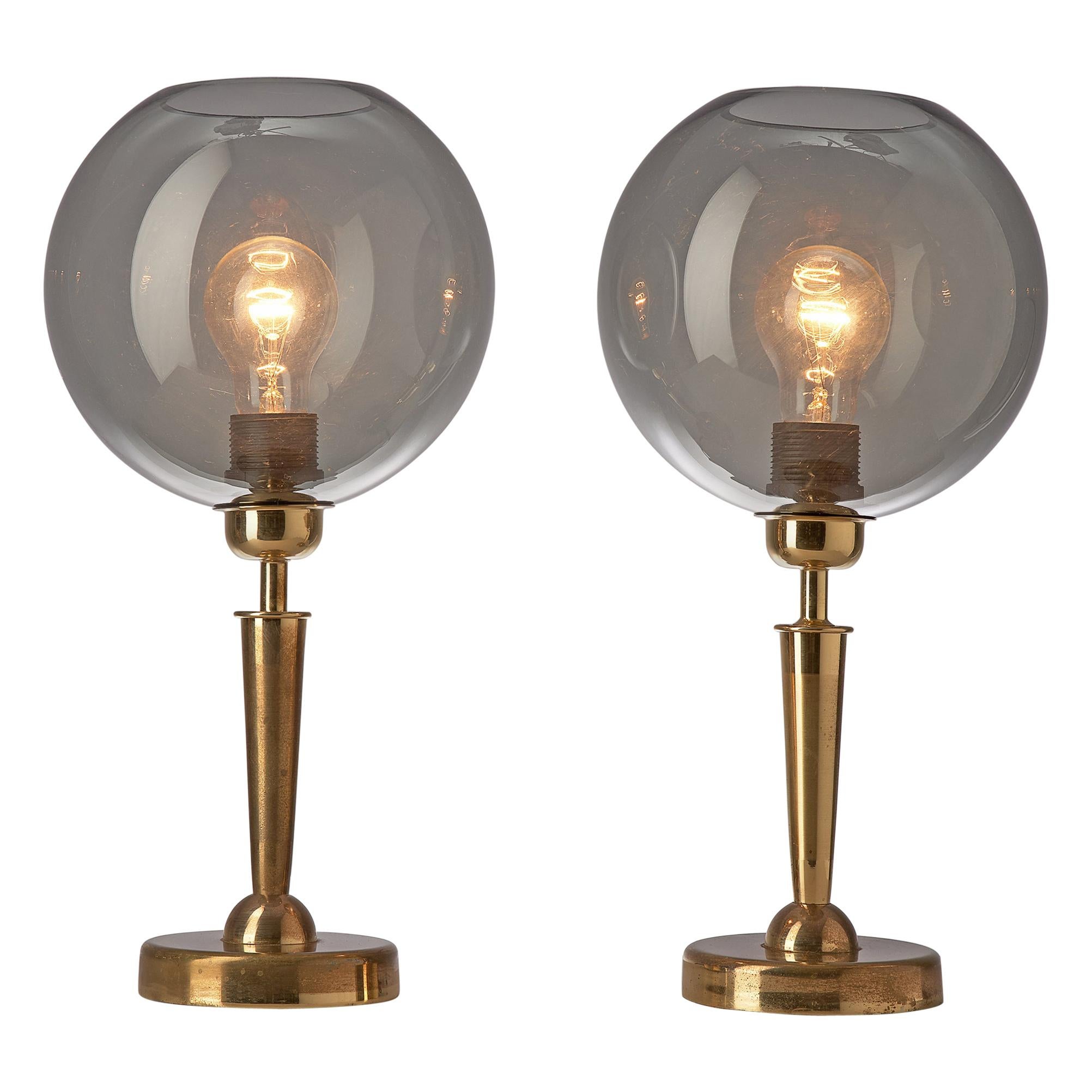 French Table Lamps in Brass and Smoked Glass For Sale