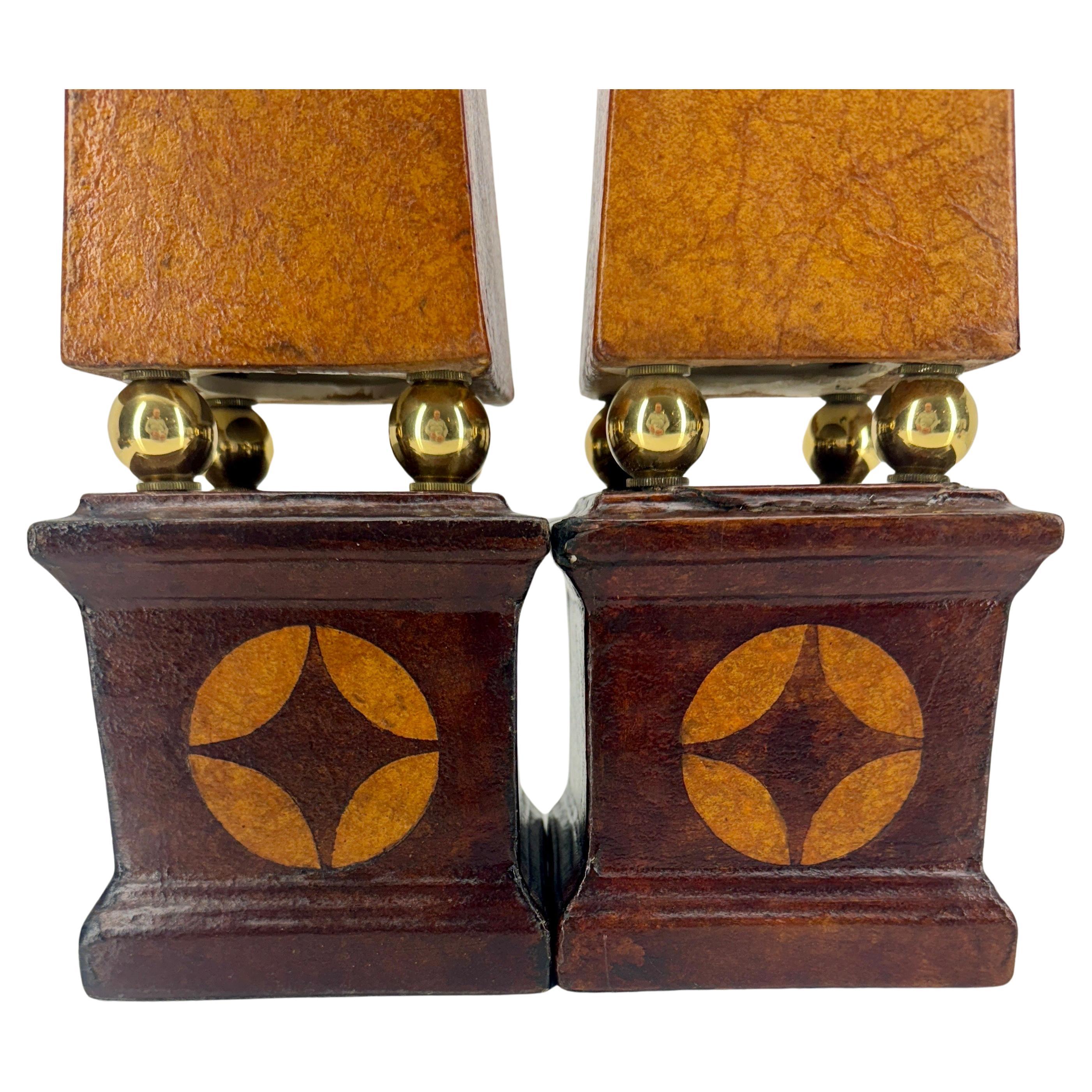 Pair of French Tall Leather Wrapped and Brass Obelisks For Sale 4