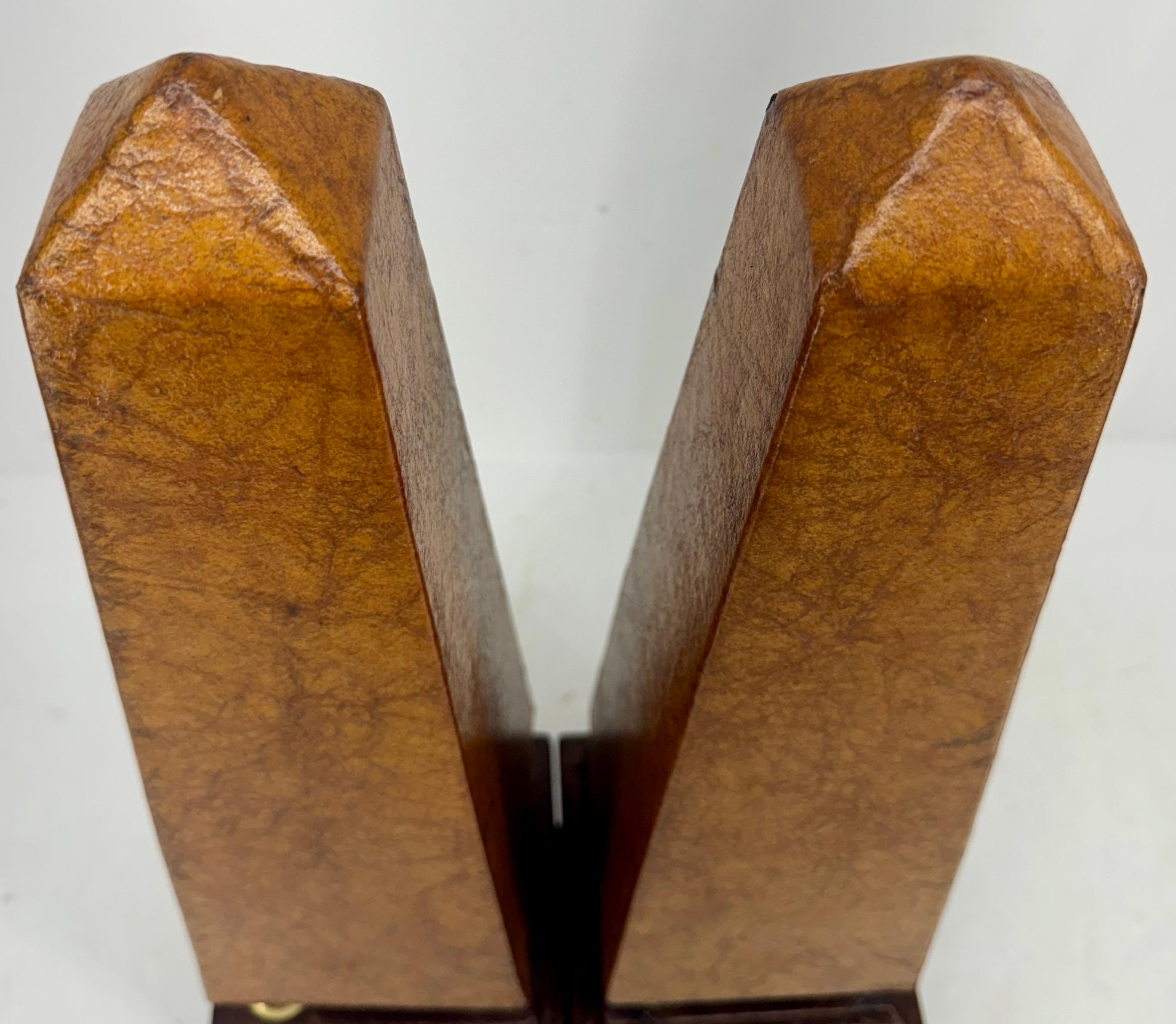 Pair of French Tall Leather Wrapped and Brass Obelisks For Sale 11