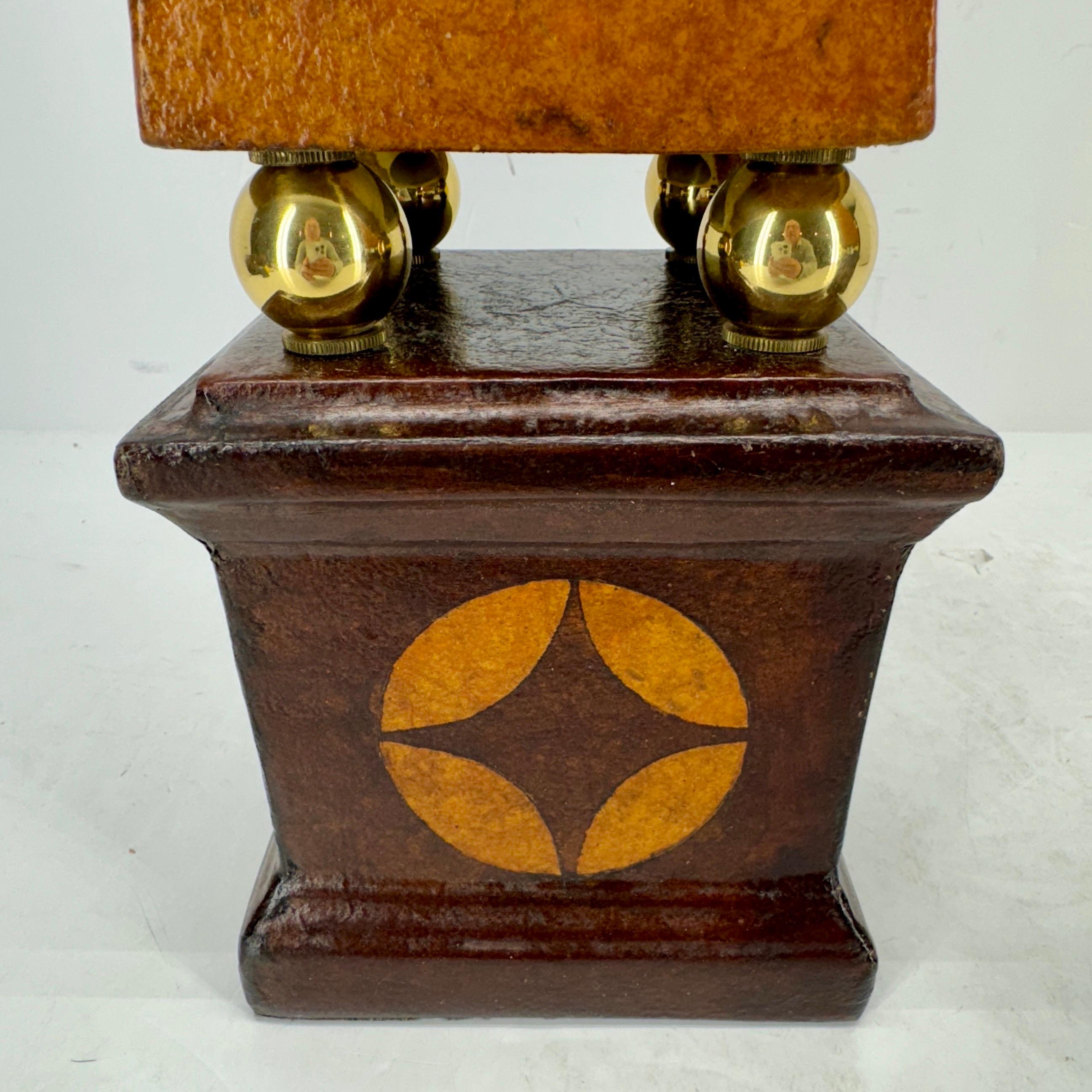 Pair of French Tall Leather Wrapped and Brass Obelisks For Sale 12