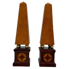 Pair of French Tall Leather Wrapped and Brass Obelisks