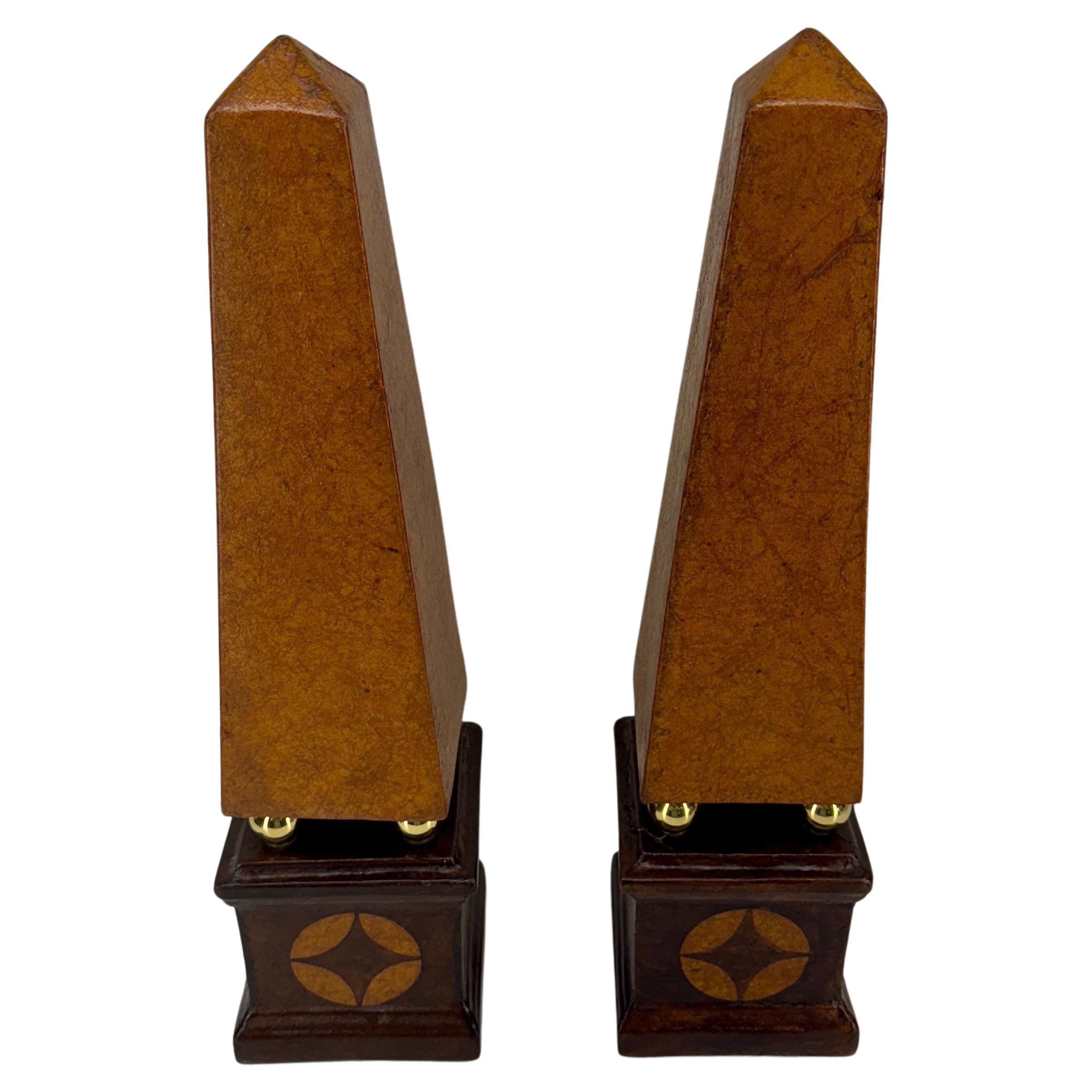 Mid-Century Modern Pair of French Tall Leather Wrapped and Brass Obelisks For Sale