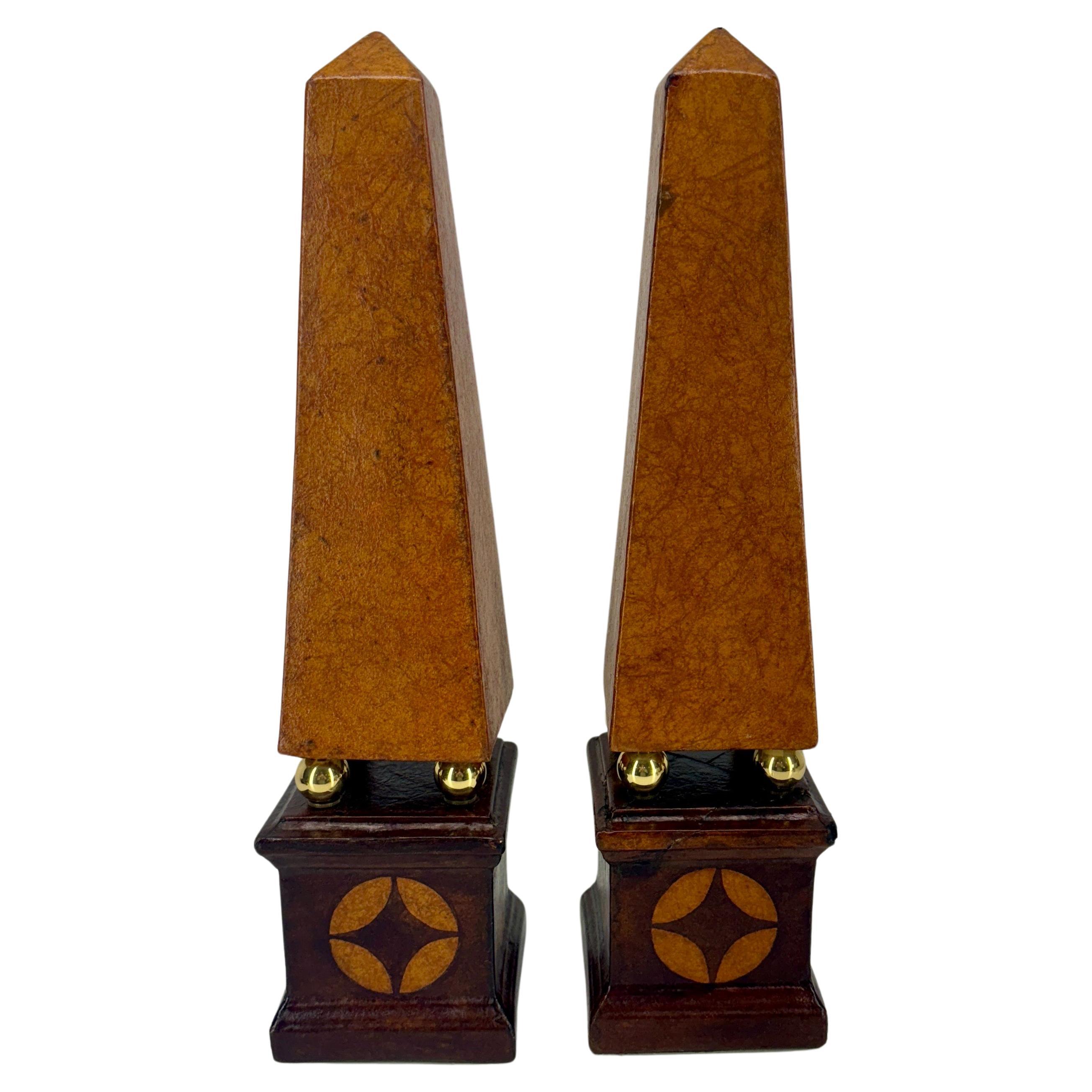 Hand-Crafted Pair of French Tall Leather Wrapped and Brass Obelisks For Sale